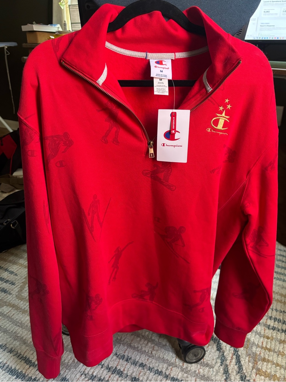Champion Red Quarter-Zip Cowl Neck Pullover with Subtle Tonal Print